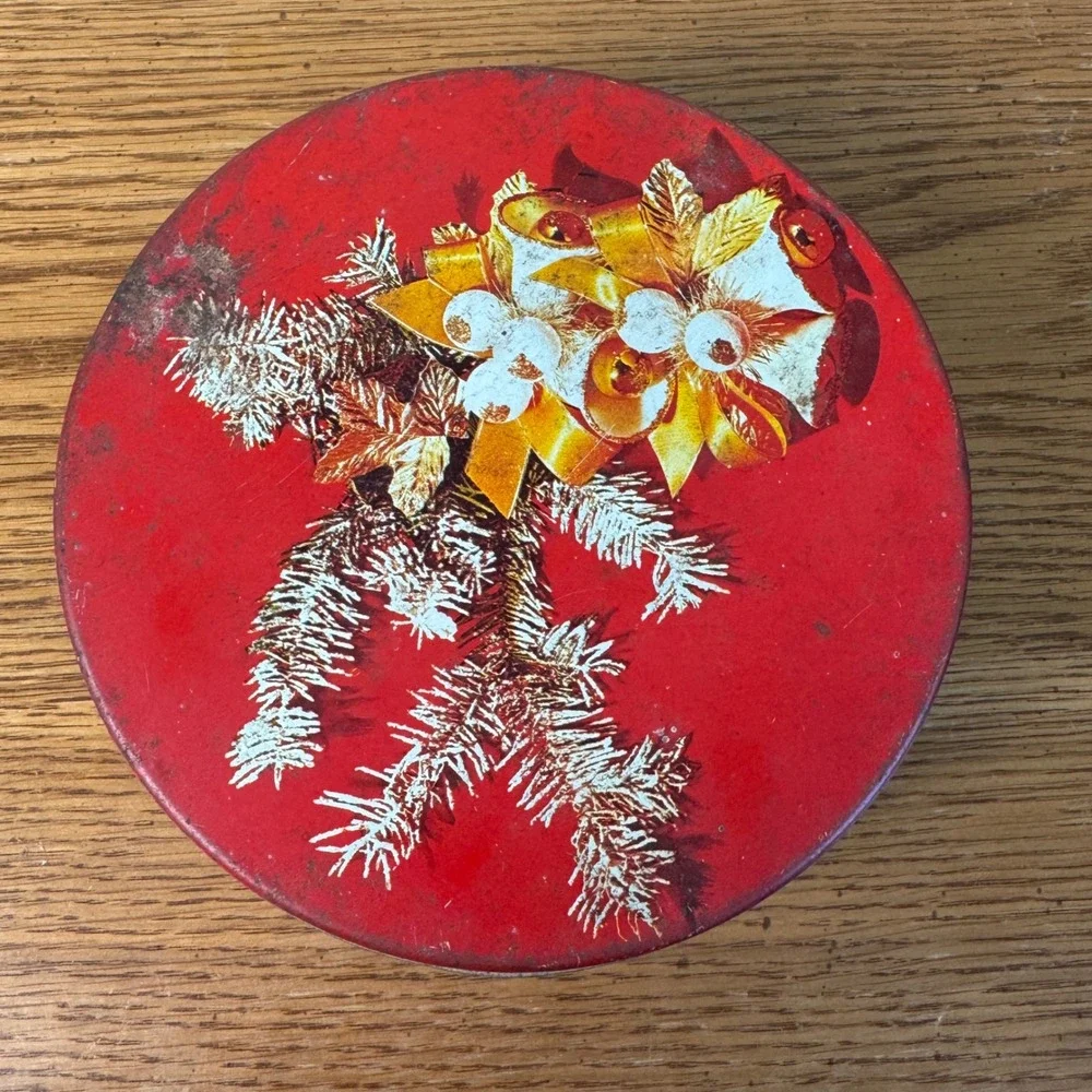Vintage Christmas Red Tin with Embroidery Floss DMC Thread and Sewing Notions